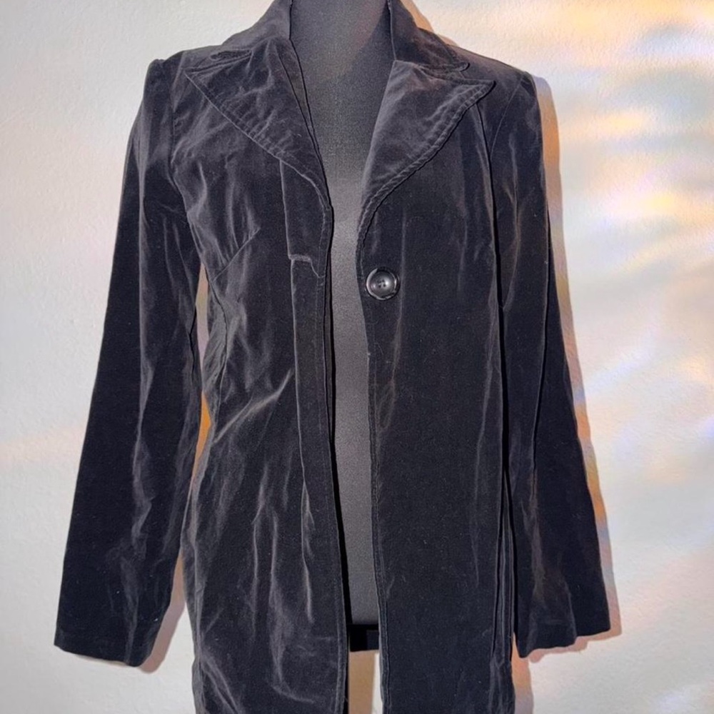 Black Velvet Blazer Y2K Minimalist Fitted Jacket Size Small 90s Vintage Style